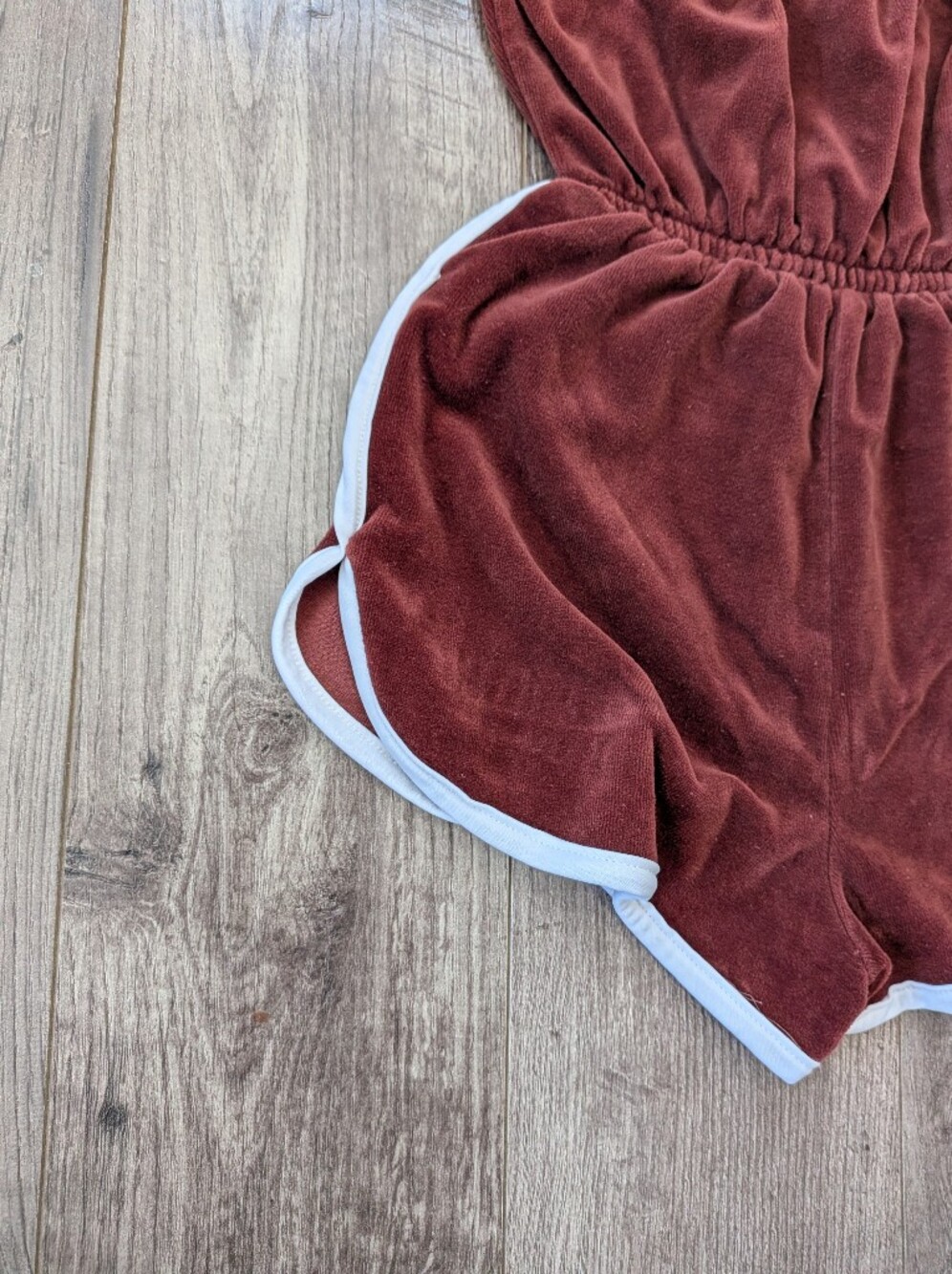 Vintage Brown Velour Strapless Shorts Romper with White Trim - Picture 5 of 11